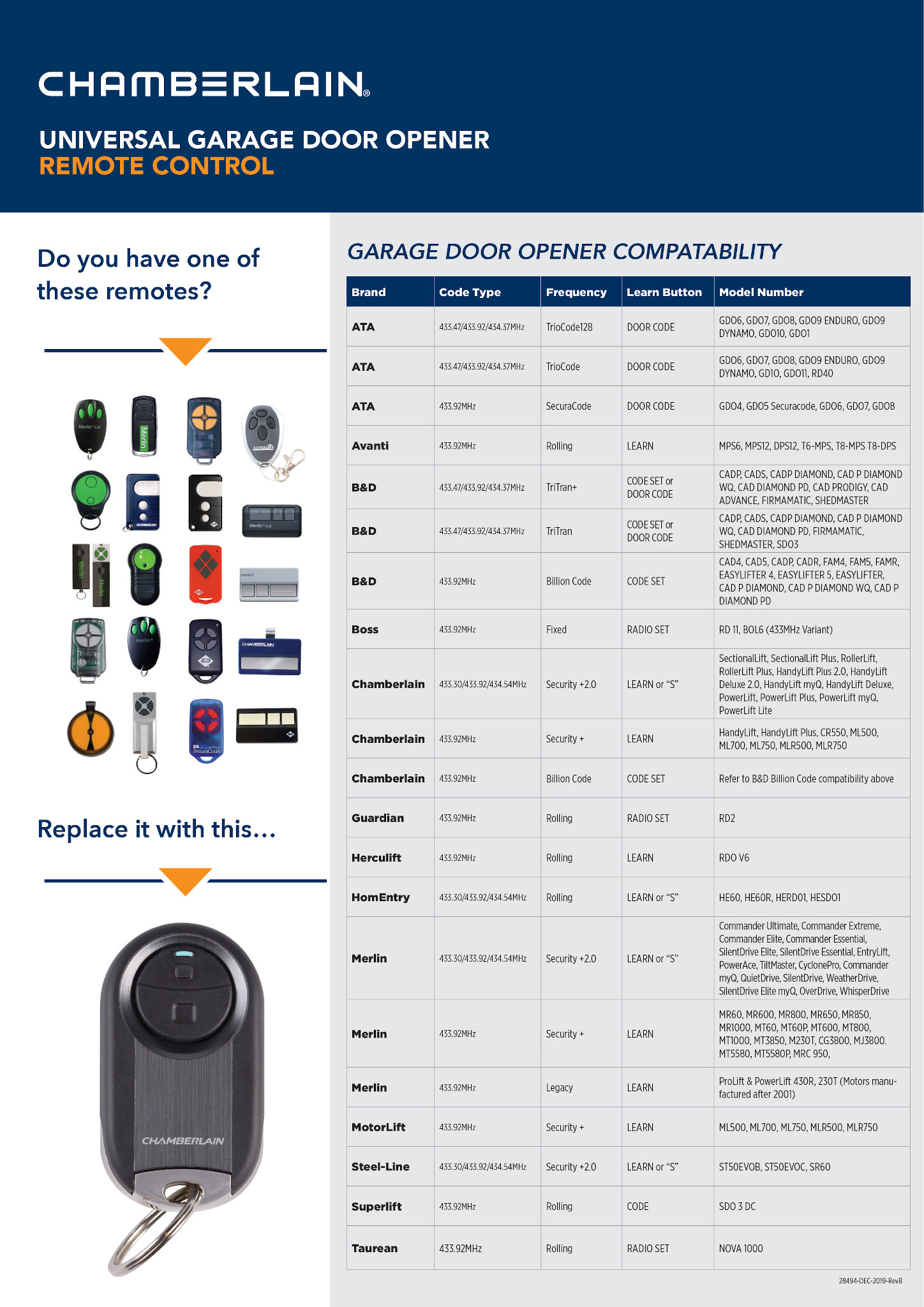 Chamberlain Garage Door Opener Remote Compatibility Chart - 28494   CGI Chamberlain Bunnings EDM Universal Remote A4 Compatibility Chart DEC REVB